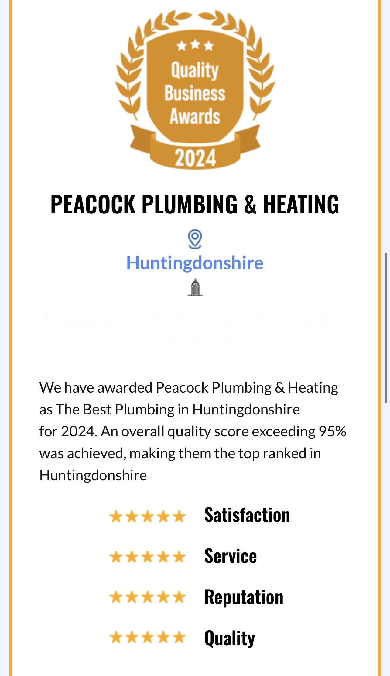 Peacock Plumbing & Heating awarded Best Plumbing in Huntingdonshire 2024